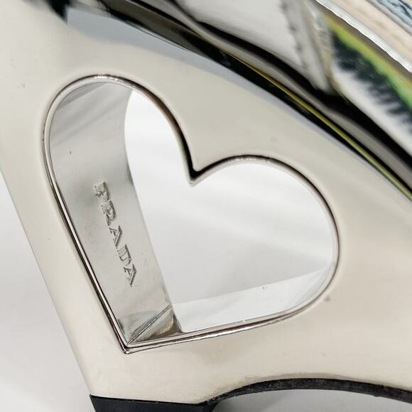 Prada Metallic Silver Leather Heart Cutout Wedge Ankle Strap Sandal size IT 36 - Picture 11 of 16